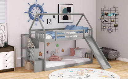 Twin over Twin House Bunk Bed with Slide and Storage Staircase,Grey