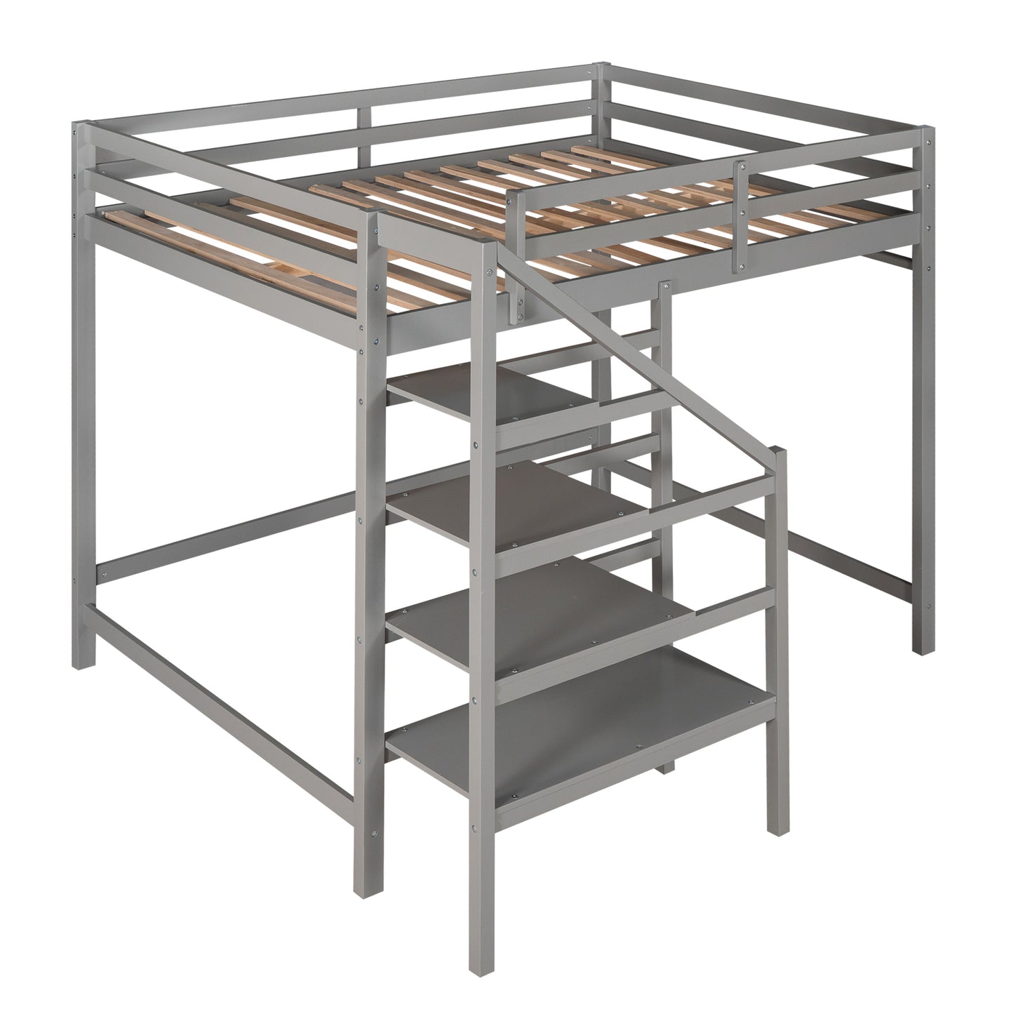 Full Size Loft Bed with Built-in Storage Staircase and Hanger for Clothes,Gray