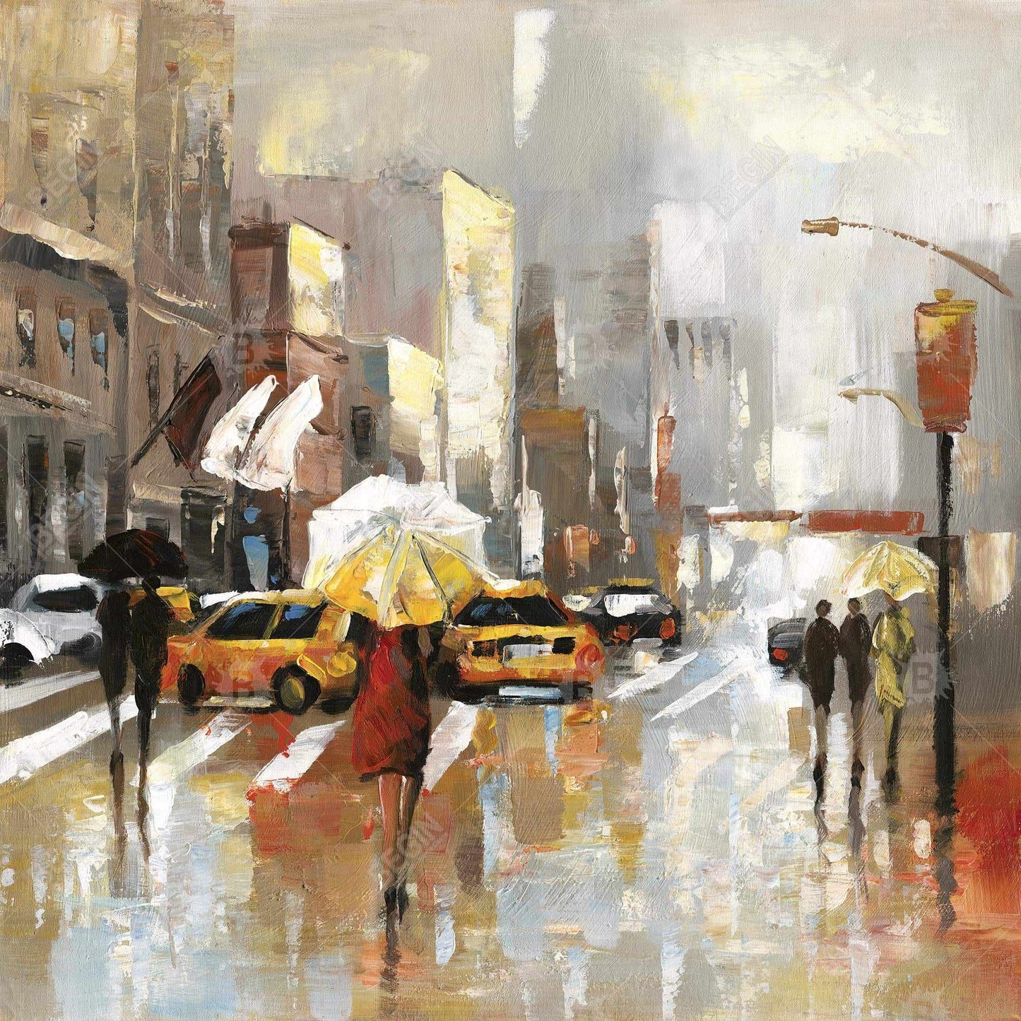 People with umbrellas walking across the street - 32x32 Print on canvas