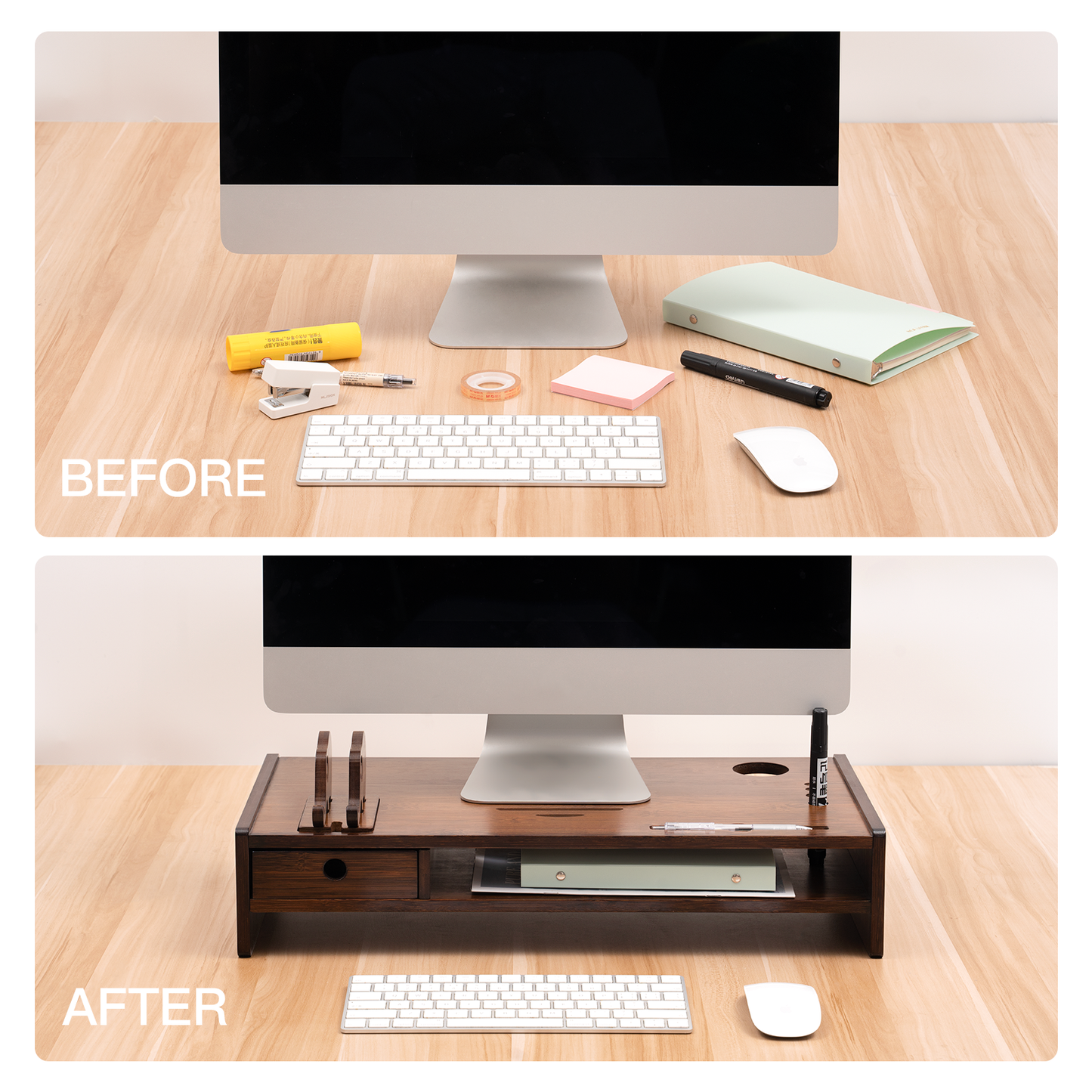 Wood Monitor Stand Riser, Desktop Organizer with One Drawer Storage, Walnut Monitor Stand for Computer Laptop