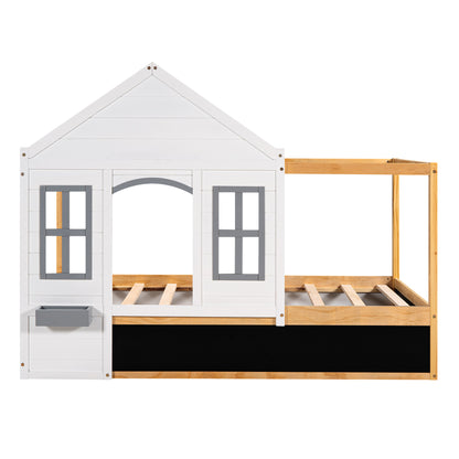 Twin Size House Shaped Canopy Bed with Black Roof and White Window,Blackboard and Little Shelf,White