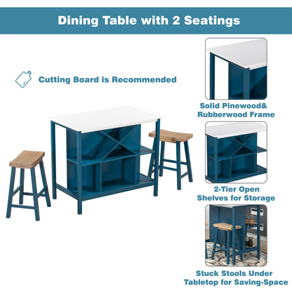 TOPMAX Farmhouse 3-piece Wood Stationary Kitchen Island Set with 2 Seatings, Dining Table Set with  Shelves and Wine Rack for Small Places,Blue Frame+White Top