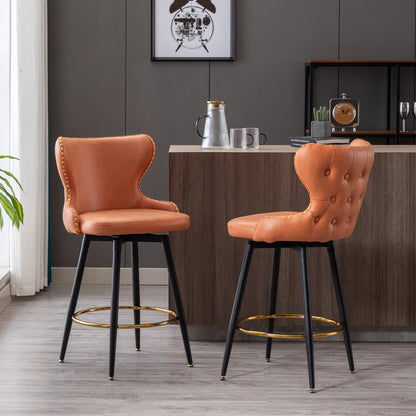 A&A Furniture,Counter Height 25" Modern Leathaire Fabric bar chairs,180° Swivel Bar Stool Chair for Kitchen,Tufted Gold Nailhead Trim Bar Stools with Metal Legs,Set of 2 (Orange)