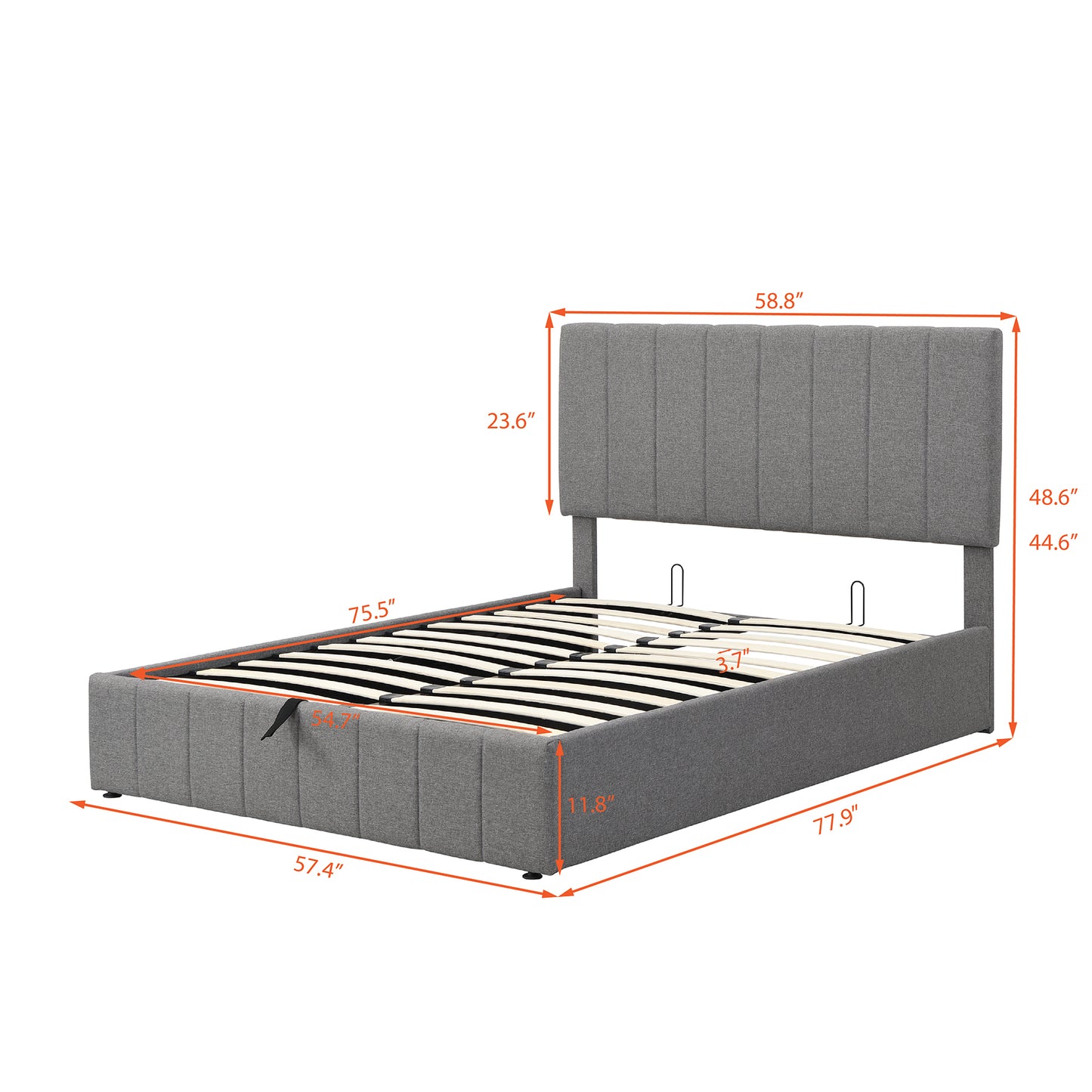 Full size Upholstered Platform bed with a Hydraulic Storage System - Gray