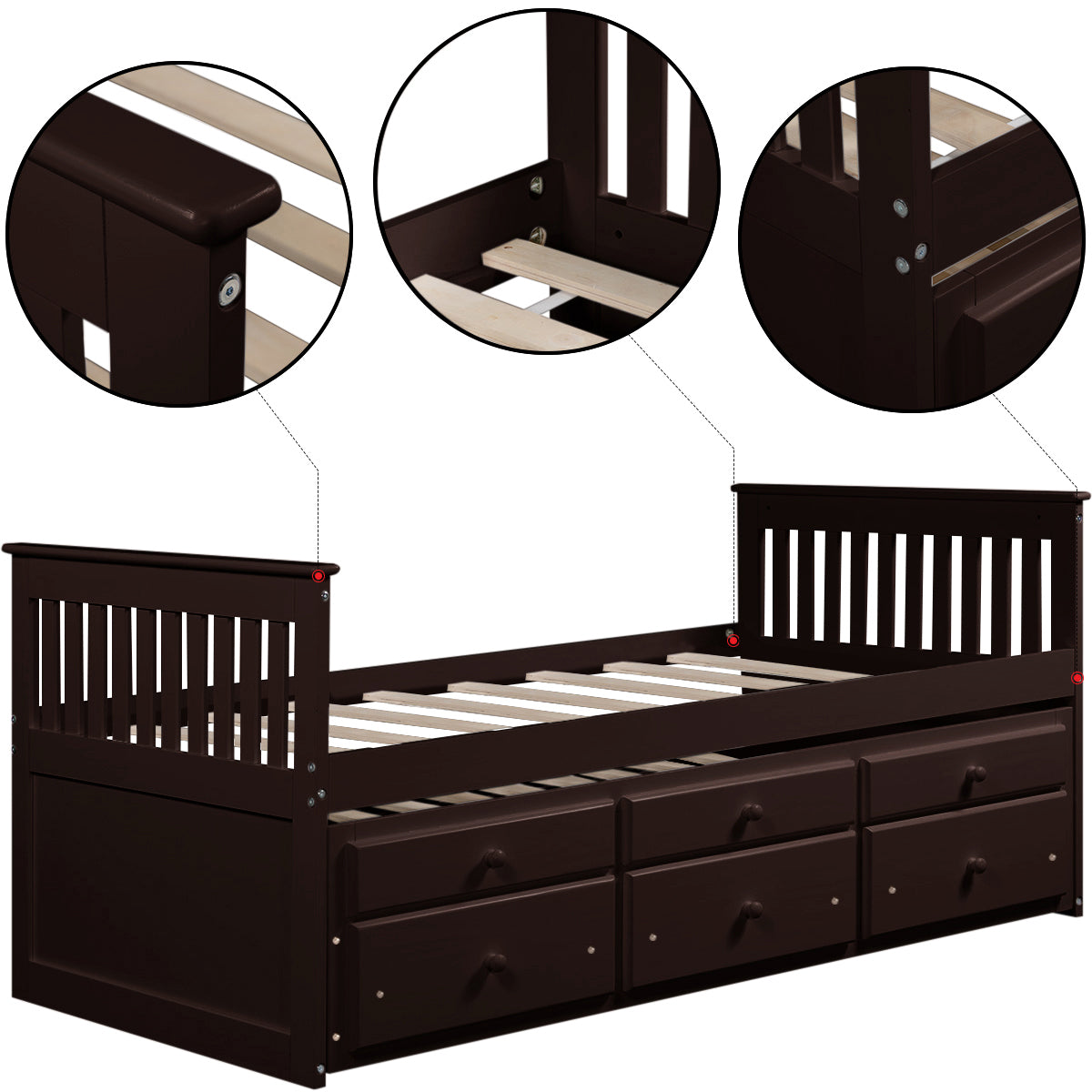 TOPMAX Captain's Bed Twin Daybed with Trundle Bed and Storage Drawers, Espresso