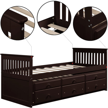 TOPMAX Captain's Bed Twin Daybed with Trundle Bed and Storage Drawers, Espresso