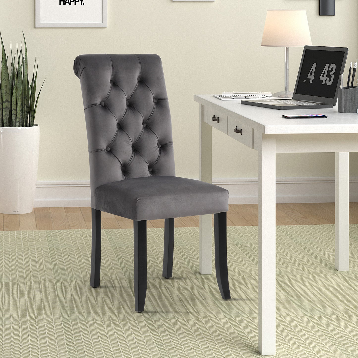 Classic Fabric Tufted Dining Chair with Wooden Legs - Set of 2