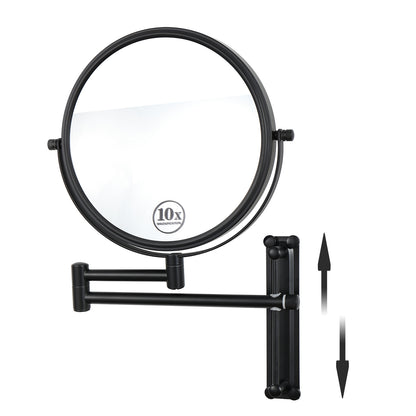 8-inch Wall Mounted Makeup Vanity Mirror, Height Adjustable, 1X / 10X Magnification Mirror, 360° Swivel with Extension Arm (Black)