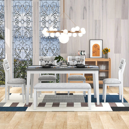 TREXM Classic and Traditional Style 6 - Piece Dining Set, Includes Dining Table, 4 Upholstered Chairs & Bench (White+Gray)