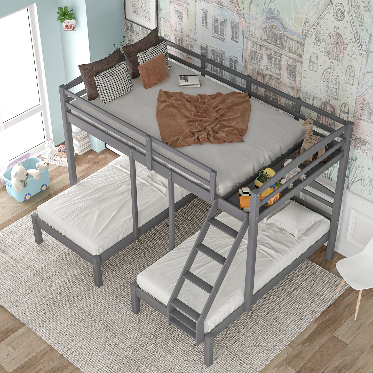 Full over Twin & Twin Bunk Bed,Triple Bunk Bed, Gray