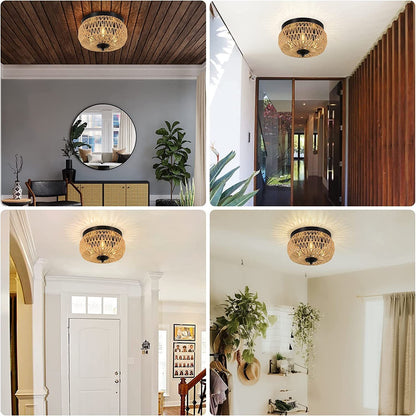 3-Lights Rattan Flush Mount  Light