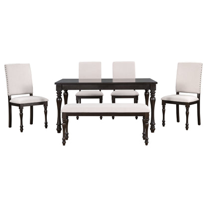 TREXM 6-Piece Wood Dining Table Set Rectangular Table with Turned Legs, 4 Upholstered Chairs and Bench for Dining Room (Espresso)