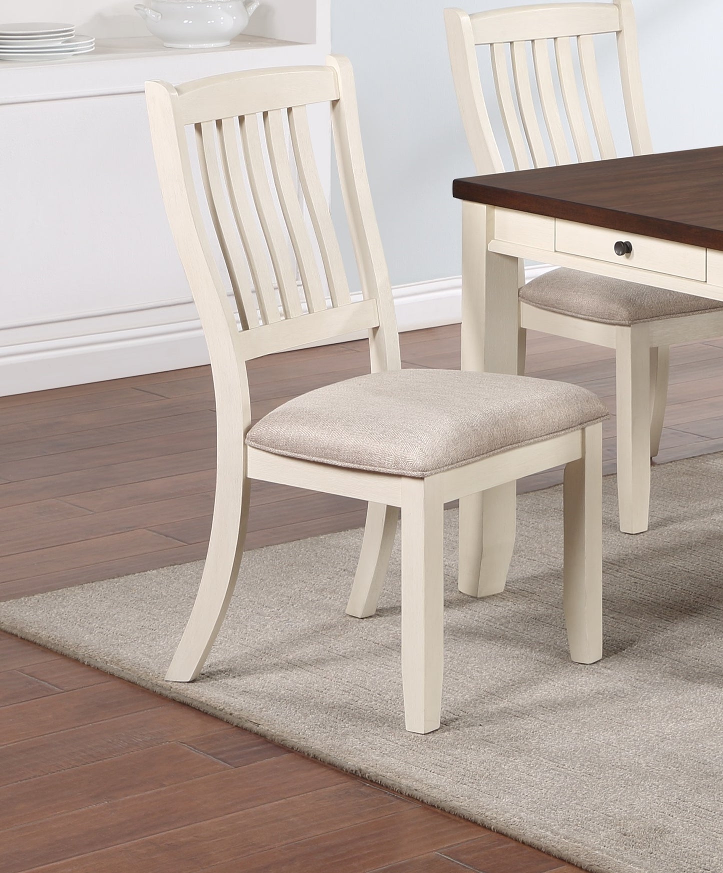 White Classic 2pcs Dining Chairs Set Rubberwood Beige Fabric Cushion Seats Slats Backs Dining Room Furniture Side Chair