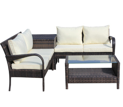 4 Piece Patio Sectional Wicker Rattan Outdoor Furniture Sofa Set with Storage Box Brown