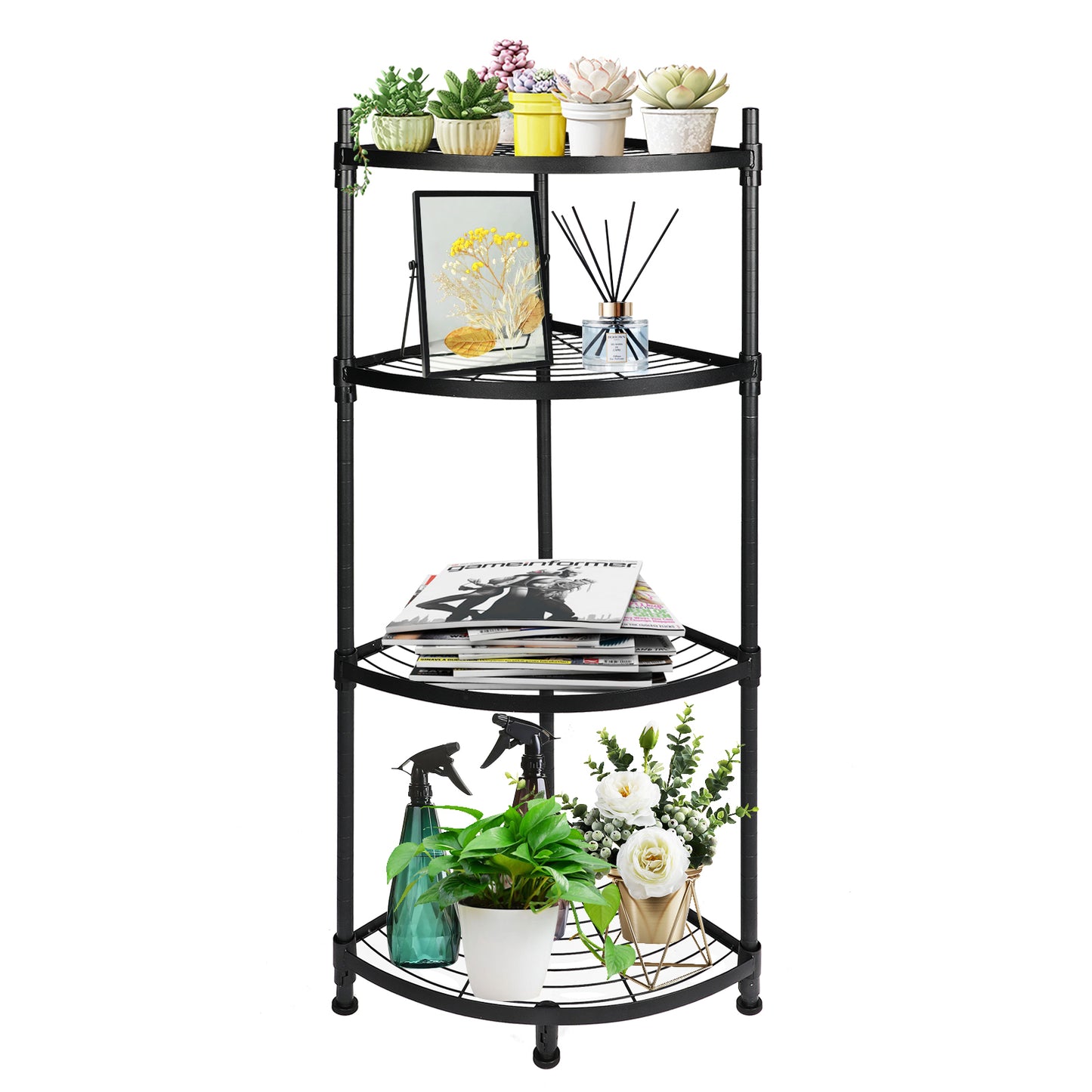 YSSOA 4 Tier Corner Display Rack Multipurpose Metal Shelving Unit, Bookcase Storage Rack Plant Stand for Living Room, Home Office, Kitchen, Small Space, 1-Pack, Black
