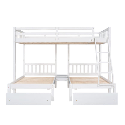 Full Over Twin & Twin Bunk Bed, Wood Triple Bunk Bed with Drawers and Guardrails  (White) （OLD SKU:LP000143AAK）