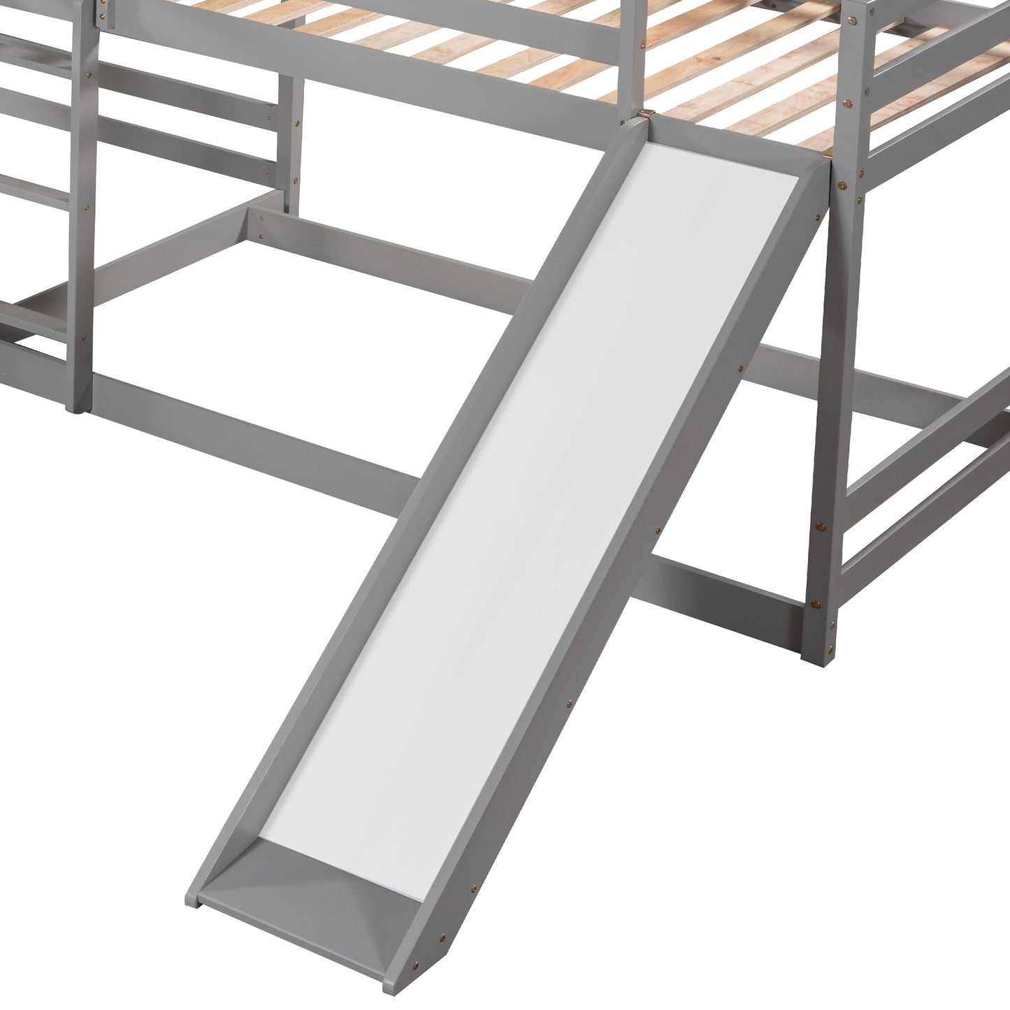 Full and Twin Size L-Shaped Bunk Bed with Slide and Short Ladder,Gray