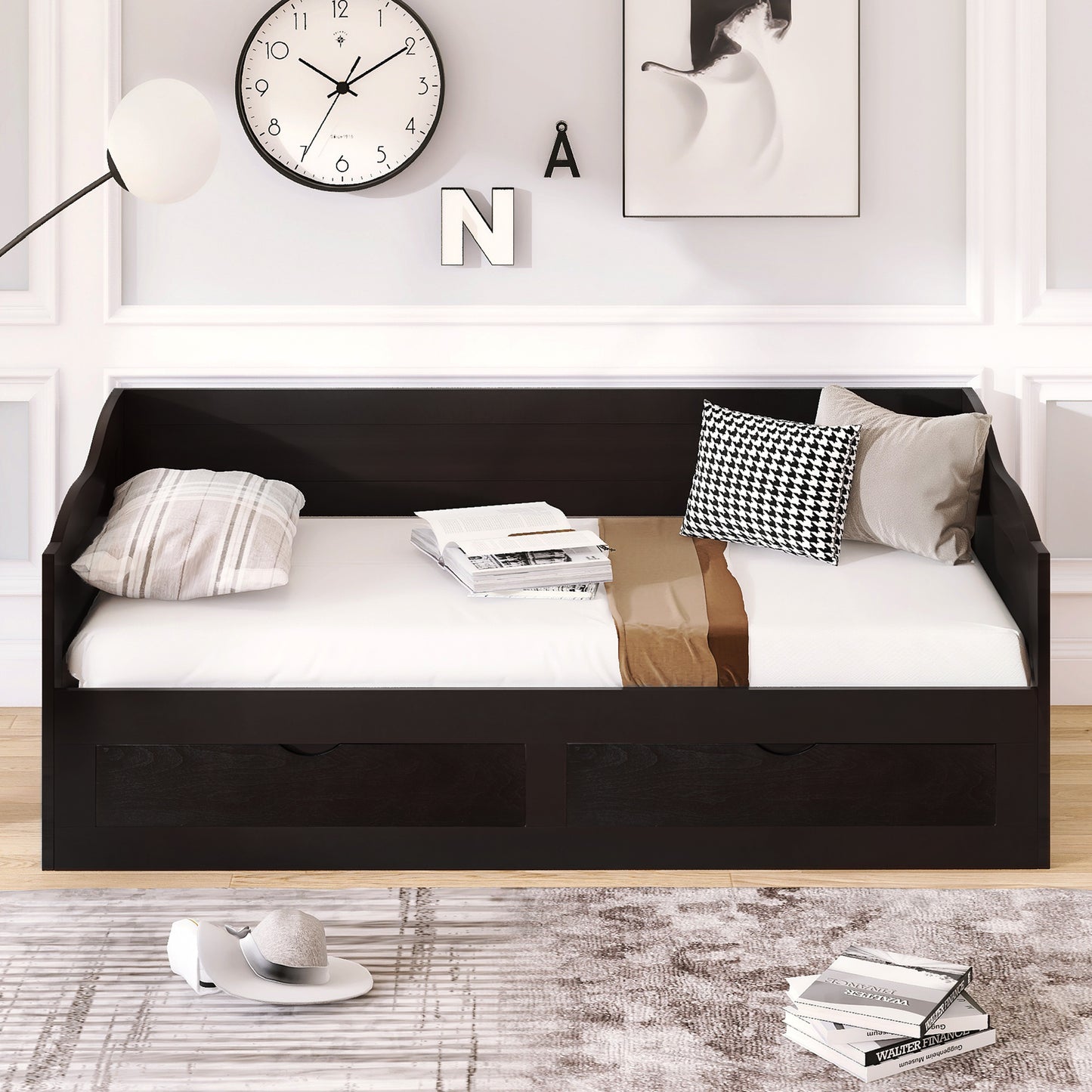 Wooden Daybed with Trundle Bed and Two Storage Drawers , Extendable Bed Daybed,Sofa Bed with Two Drawers, Espresso