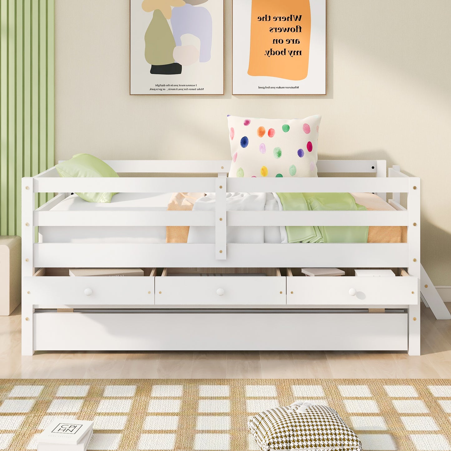 Low Loft Bed Twin Size with Full Safety Fence, Climbing ladder, Storage Drawers and Trundle White Solid Wood Bed