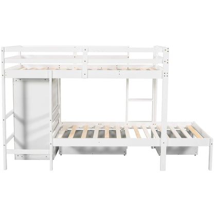 Twin over Twin Bunk Bed with Built-in Storage Wardrobe and Two Drawers, White