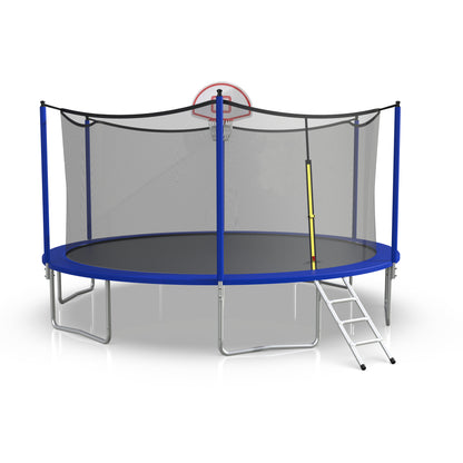 16ft Trampoline with Enclosure, New Upgraded Kids Outdoor Trampoline with Basketball Hoop and Ladder, Heavy-Duty Round Trampoline，Blue