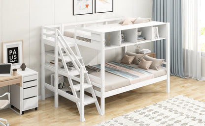 Twin over Full Bunk Bed with Staircase and Built-in Storage Cabinets,White