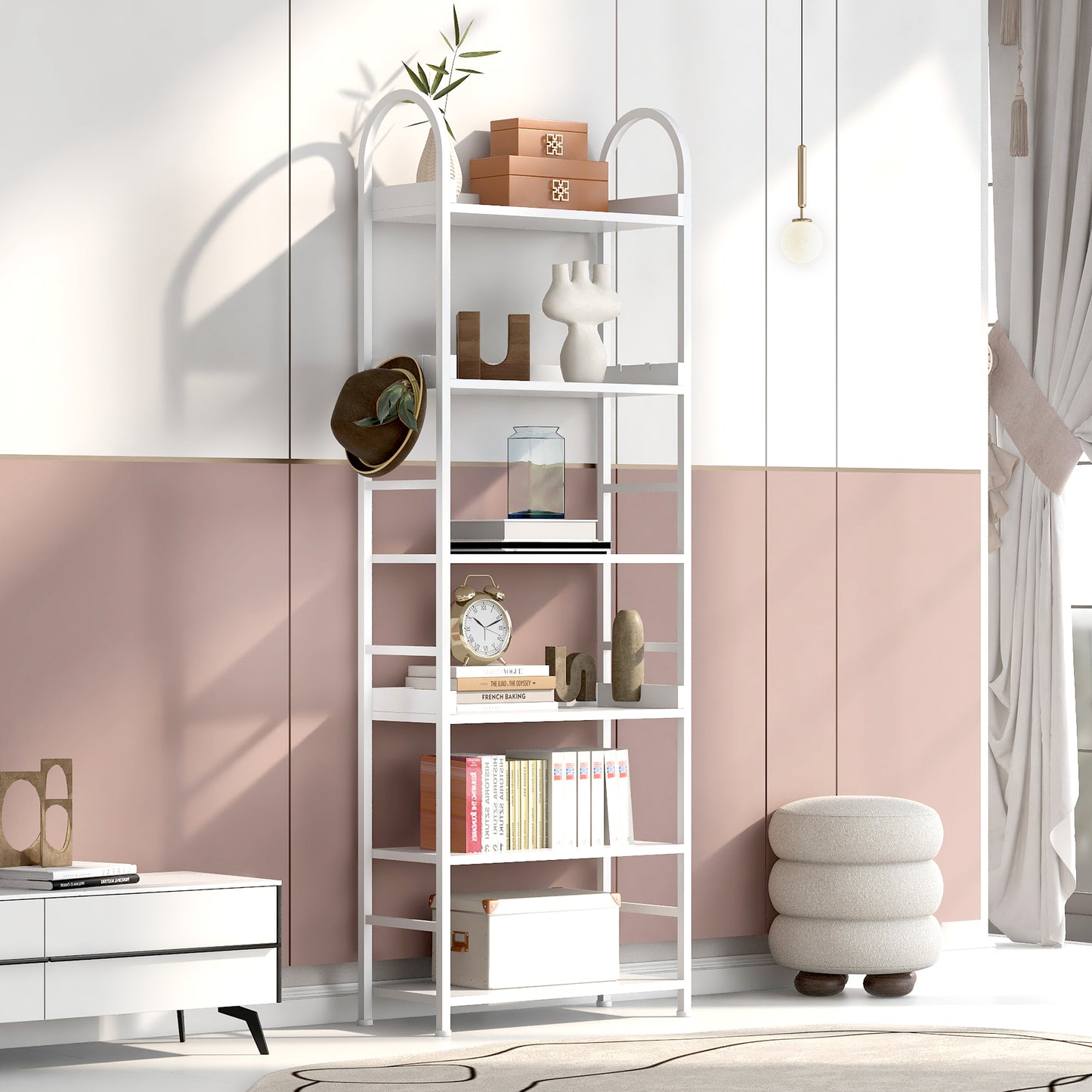 70.8 Inch Tall Bookshelf, 6-tier Shelves with Round Top Frame, MDF Boards, Adjustable Foot Pads, White