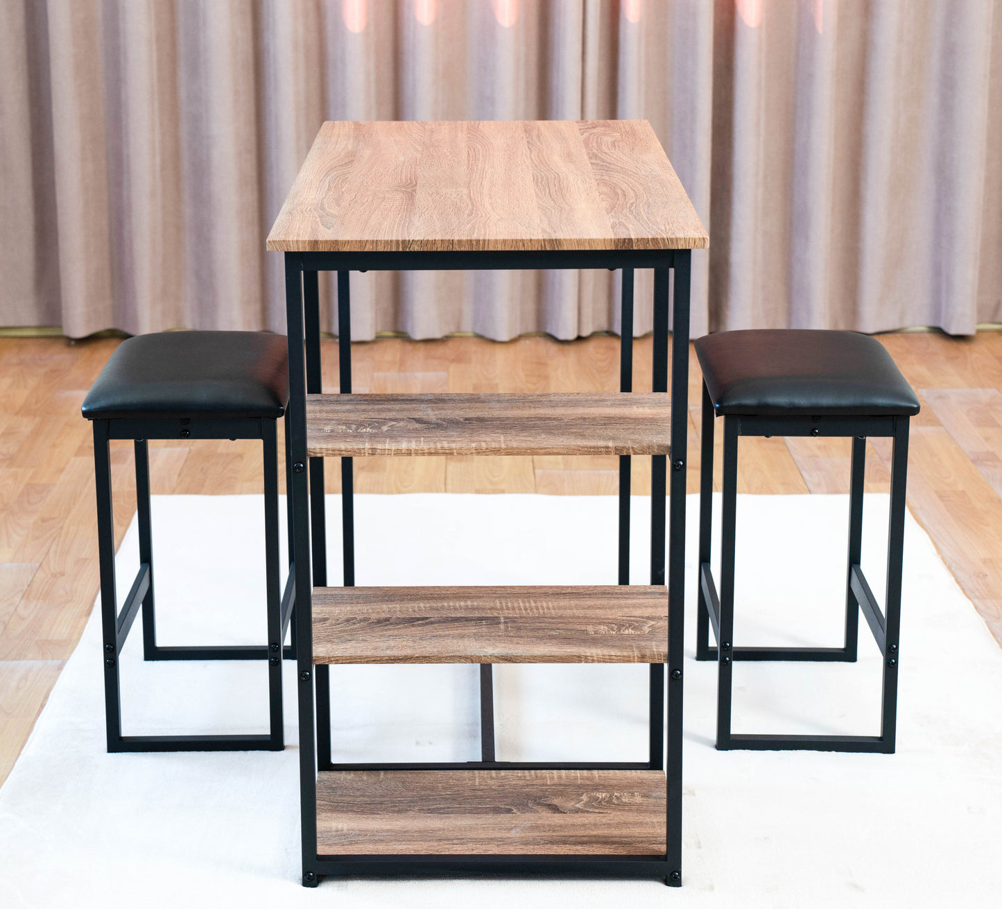 Modern 
3-Piece Bar tabies and chairs  Set with 2 Chairs for Dining Room，Black Frame+Brown oak board surface+Black cushion