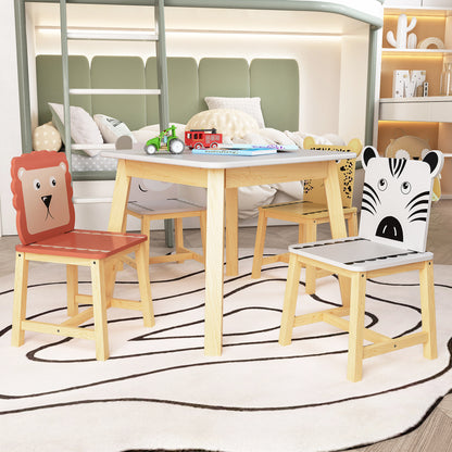 5 Piece Kiddy Table and Chair Set , Kids Wood Table with 4 Chairs Set Cartoon Animals (bigger table)（3-8 years old）