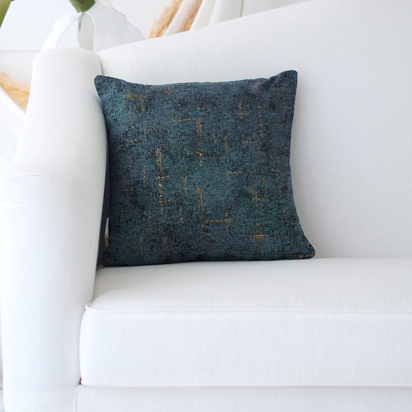 Decorative Denim Blue and Gold Chenille Throw Pillow