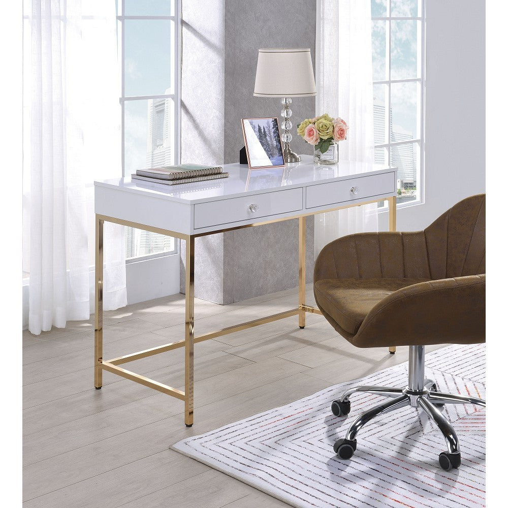 ACME Ottey Desk in White High Gloss & Gold 92540