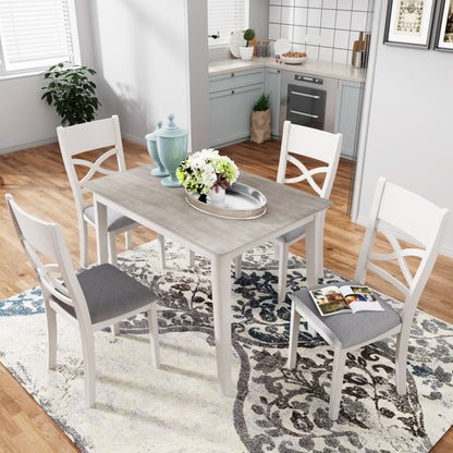 TOPMAX Farmhouse Rustic Wood 5-Piece Kitchen Dining Table Set with 4 Upholstered Padded Chairs, Light Grey+White