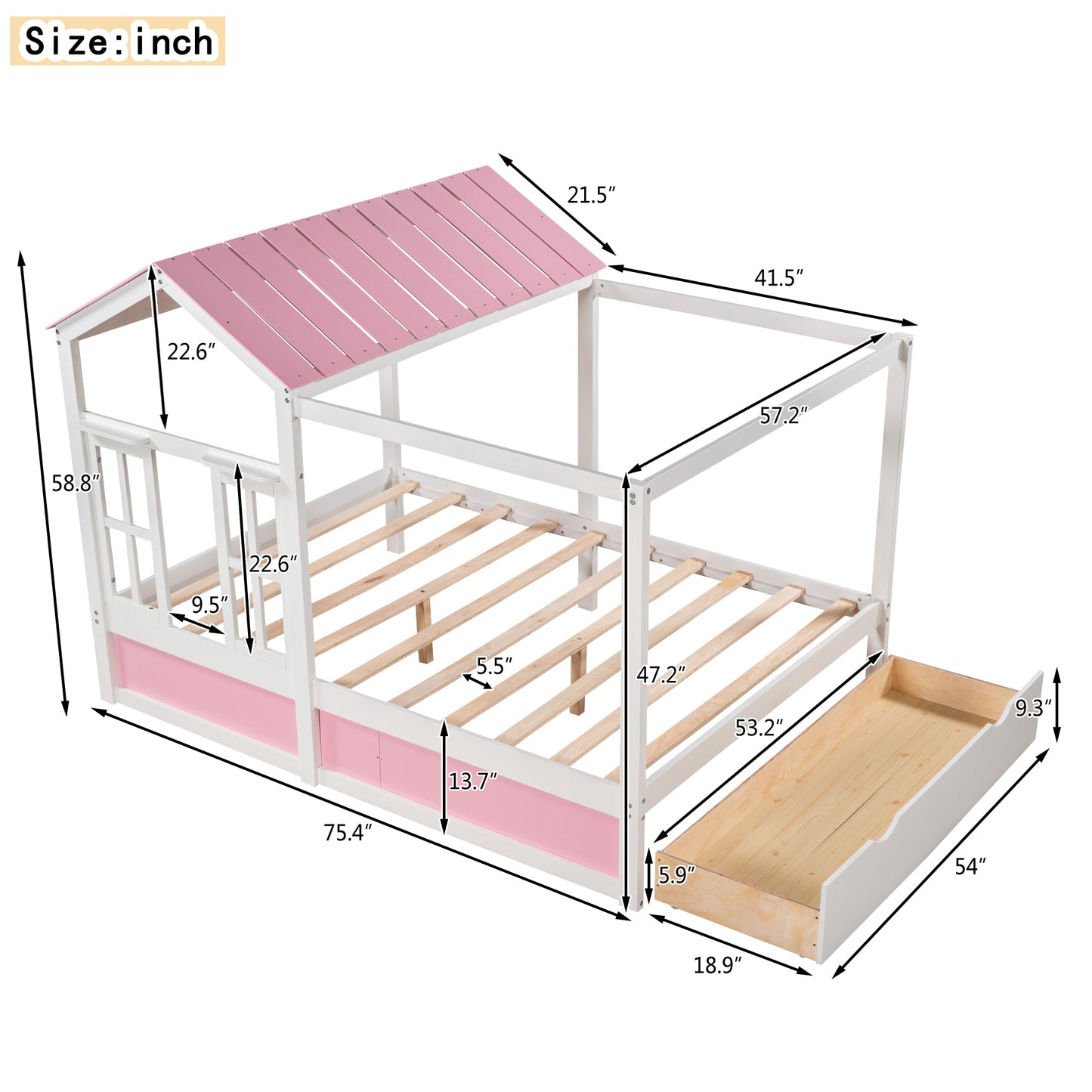 Full Size House Bed with Roof, Window and Drawer - Pink + White