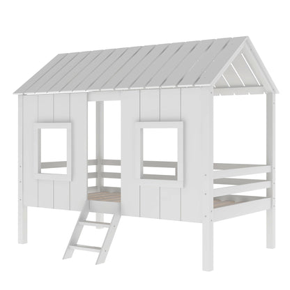 Twin Size Low Loft House Bed with Roof and Two Front Windows,White(OLD SKU:SM000703AAK)