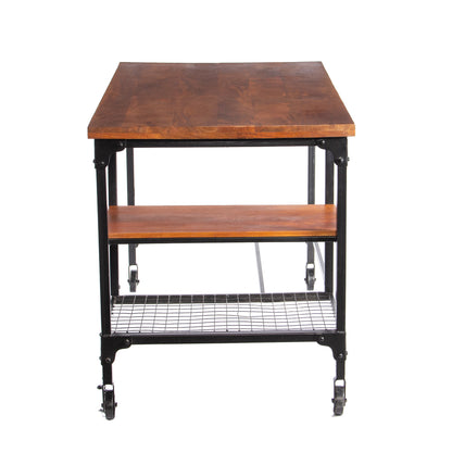 Industrial Style Wood and Metal Desk with Two Bottom Shelves, Brown and Black