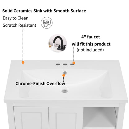 30" Single Bathroom Vanity Top with White Basin, 3-Faucet Holes, Ceramic