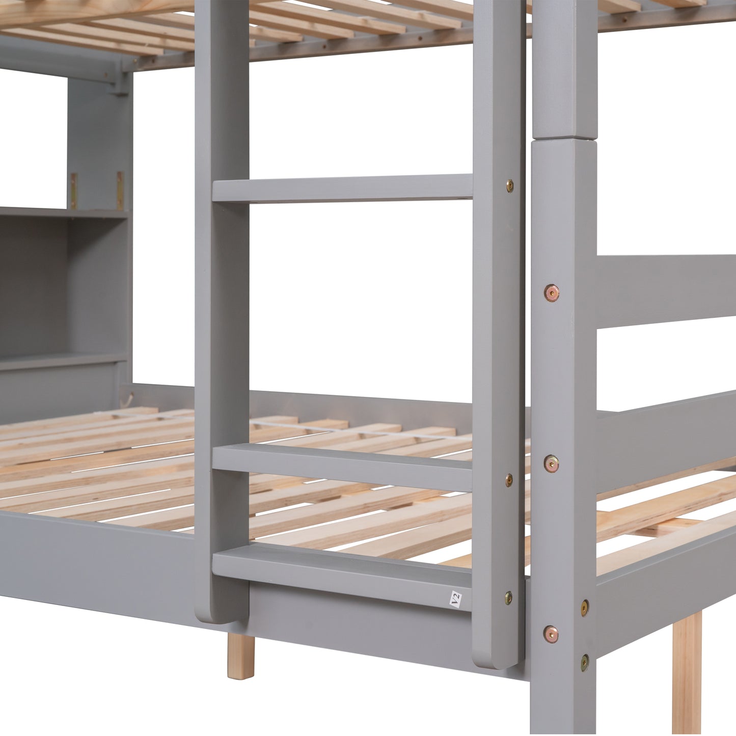 Full Over Full Bunk Beds with Bookcase Headboard, Solid Wood Bed Frame with Safety Rail and Ladder, Kids/Teens Bedroom, Guest Room Furniture, Can Be converted into 2 Beds, Grey