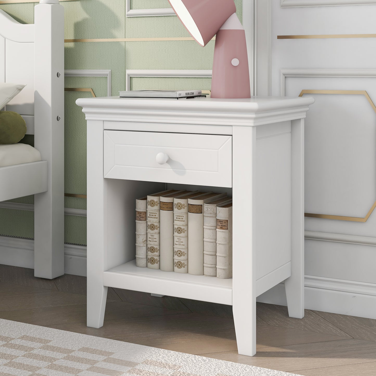 Traditional Concise Style White Solid Wood One-Drawer Nightstand