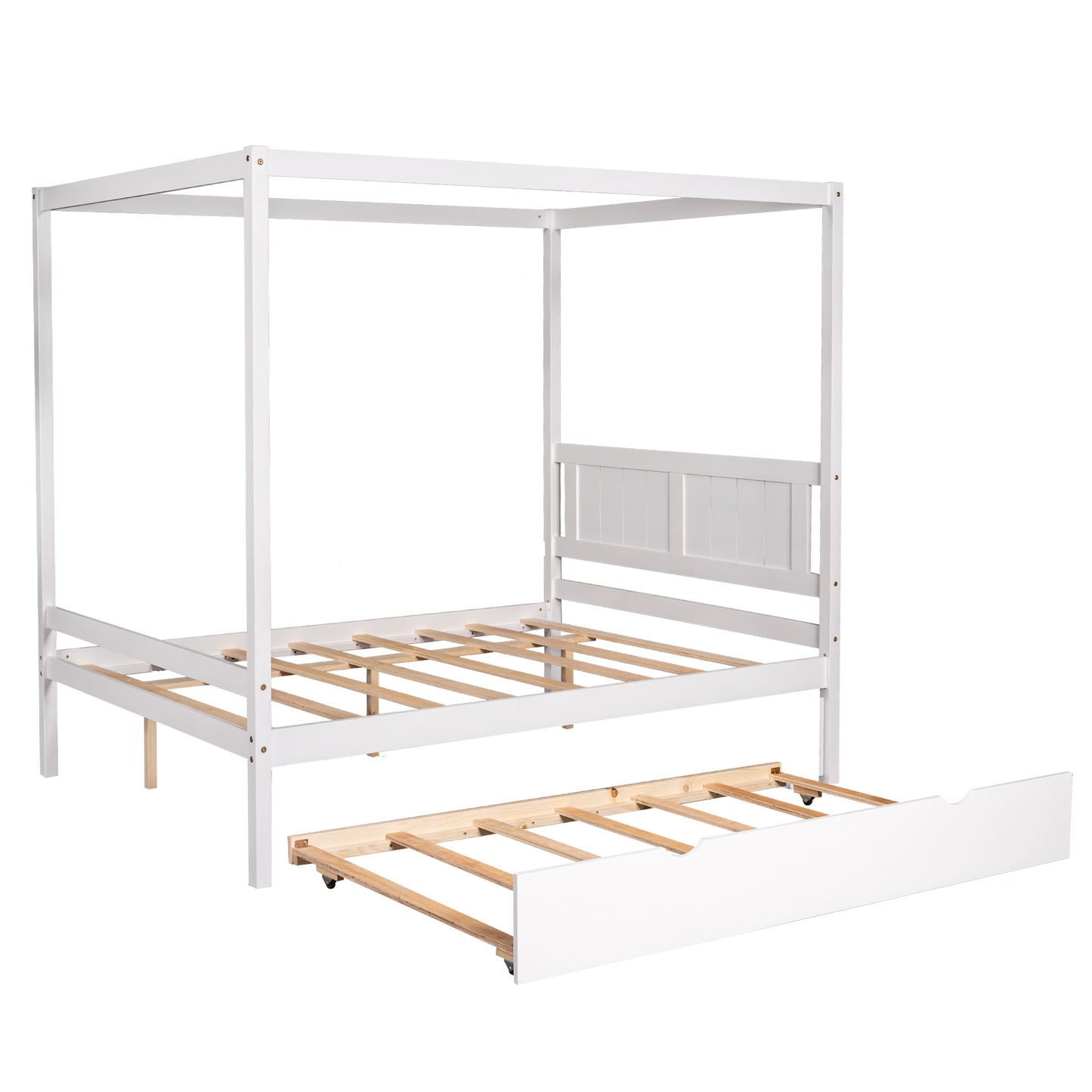 Full Size Canopy Platform Bed with Trundle,With Slat Support Leg,White