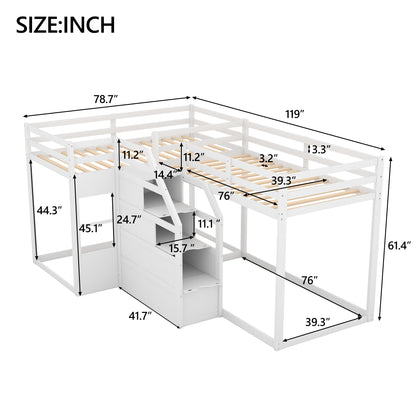 Twin over Twin L-Shaped Bunk Bed with Built-in Middle Staircase,White