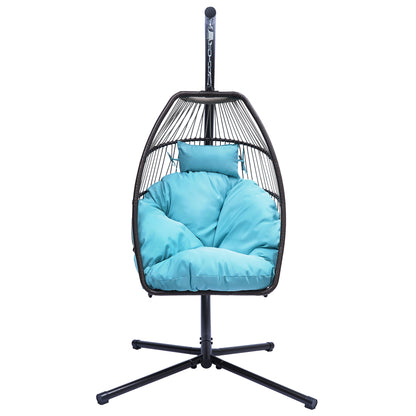 Patio Wicker folding Hanging Chair,Rattan Swing Hammock Egg Chair with C Type bracket , with cushion and pillow,for Indoor,Outdoor，Blue