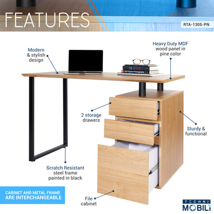 Techni Mobili Computer Desk with Storage and File Cabinet, Pine