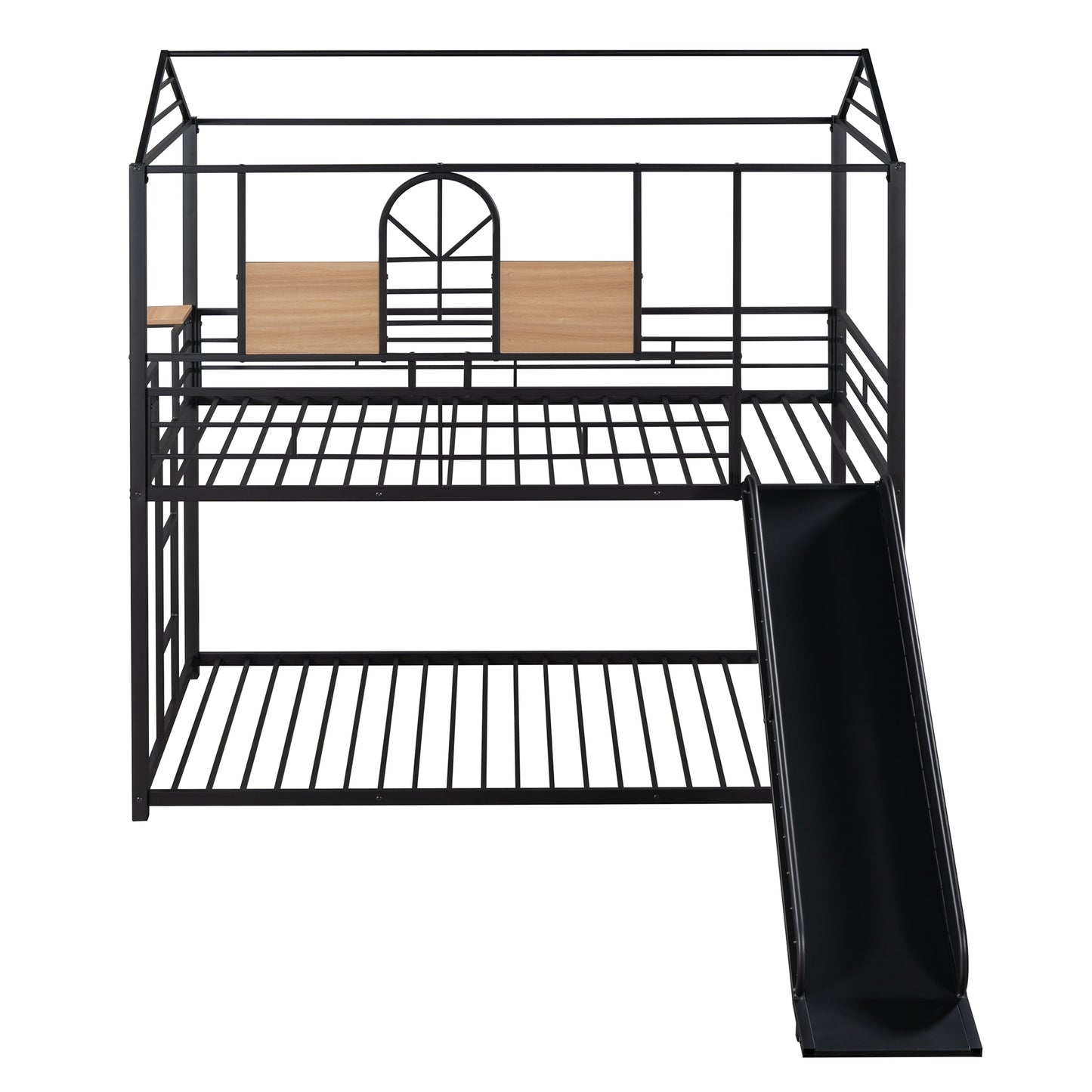 Twin Over Twin Metal Bunk Bed ,Metal Housebed With Slide,Three Colors Available.(Black with Black  Slide)(OLD SKU :LP000095AAB)