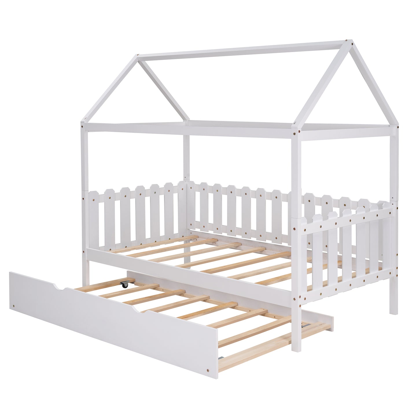 Twin Size House Bed with trundle, Fence-shaped Guardrail, White(New)