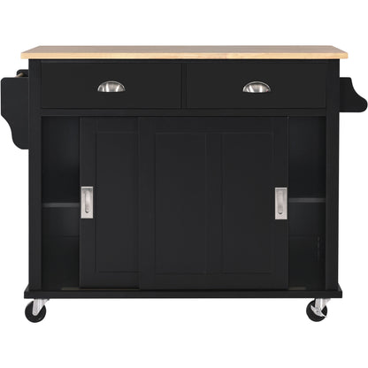 K&K Kitchen Cart with Rubber wood Drop-Leaf Countertop, Concealed sliding barn door adjustable height,Kitchen Island on 4 Wheels with Storage Cabinet and 2 Drawers,L52.2xW30.5xH36.6 inch, Black