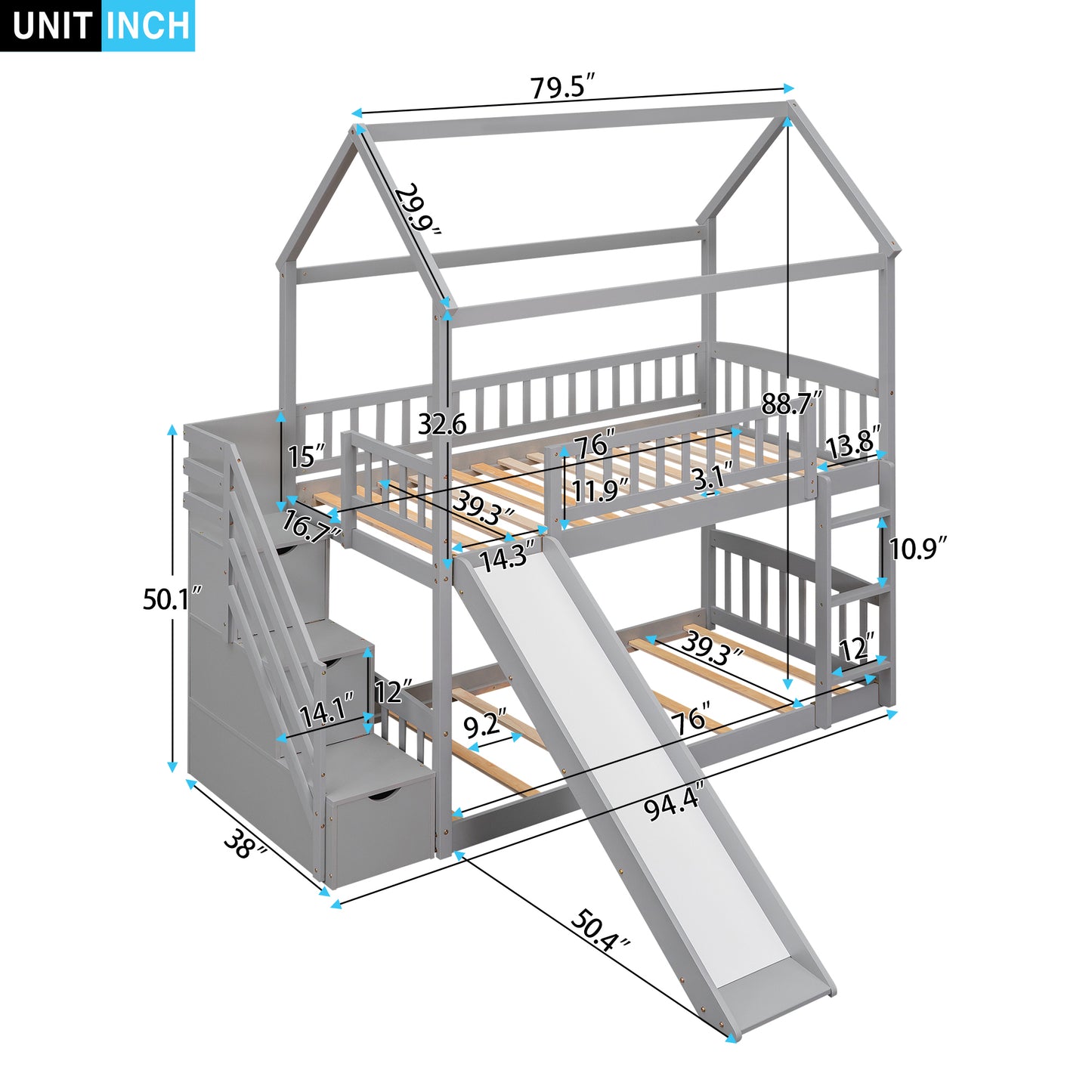 Twin Over Twin Bunk Bed with Drawers and Slide, House Bed with Slide,Gray(OLD SKU :LT000215AAE)