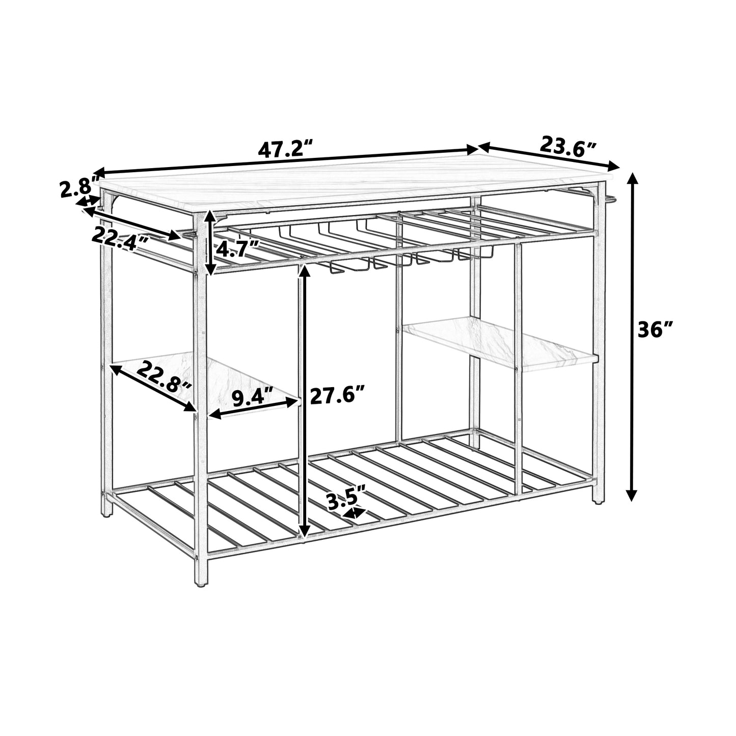 TOPMAX Counter Height Kitchen Dining Room Kitchen Island Prep Table with Glass Racks, Kitchen Rack with Large Worktop, Console Table for Living Room, Marble White