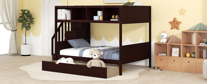 Twin over Full Bunk Bed with Shelfs, Storage Staircase and 2 Drawers, Espresso