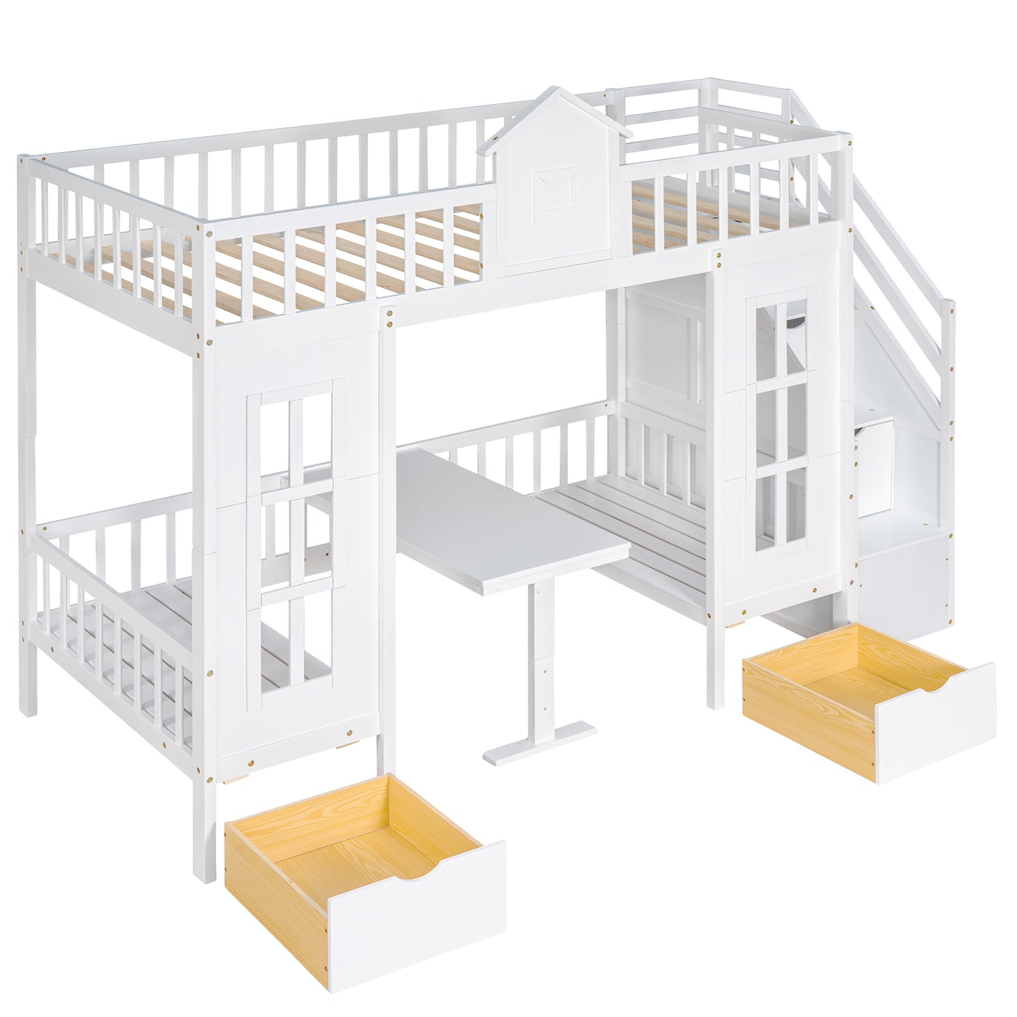 Twin-Over-Twin Bunk Bed with Changeable Table , Bunk Bed  Turn into Upper Bed and Down Desk with 2 Drawers - White