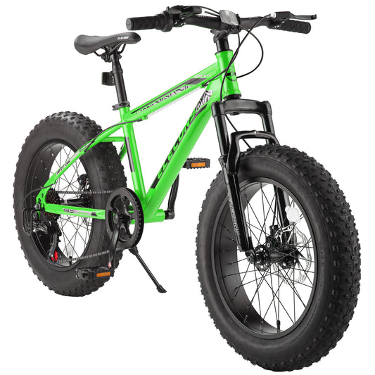 S20109  Elecony 20 Inch Fat Tire Bike Adult/Youth Full Shimano 7 Speed Mountain Bike, Dual Disc Brake, High-Carbon Steel Frame, Front Suspension, Mountain Trail Bike, Urban Commuter City Bicycle